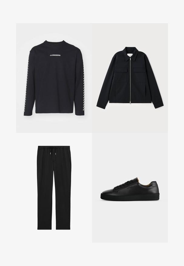 Schwarze Jacke mit einem kragenförmigen Ausschnitt, einem Front-Reißverschluss und zwei Brusttaschen. Hergestellt aus einem glatten Stoff mit einer strukturierten Passform.; Langärmliges schwarzes T-Shirt aus Baumwolle, mit Rundhalsausschnitt und J.Lindeberg-Logo auf der Brust, mit kariertem Muster an den Ärmeln.; Schwarze Freizeithose mit elastischem Bund und Kordelzug, gerader Beinpassform und Seitentaschen.; Schwarzer flacher Ledersneaker mit schwarzen Schnürsenkeln, strukturierter Gummisohle und kleinem eingeprägtem Logo an der Seite, im Profil vor grauem Hintergrund gezeigt.