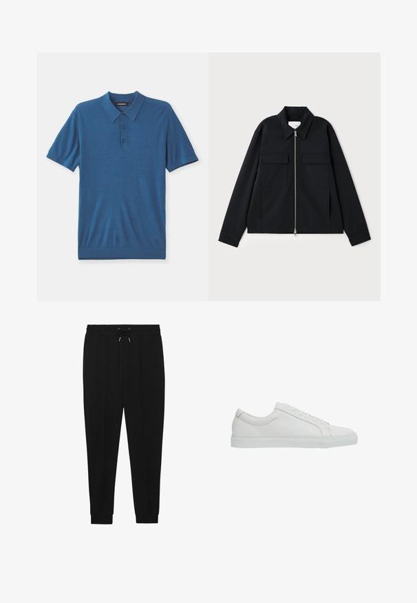 Schwarze Jacke mit einem kragenförmigen Ausschnitt, einem Front-Reißverschluss und zwei Brusttaschen. Hergestellt aus einem glatten Stoff mit einer strukturierten Passform.; Blaues Polohemd aus weichem Stoff, mit Kragen, Knopfleiste mit drei Knöpfen und kurzen Ärmeln. Dezent gehaltenes Logo-Detail auf der Brust.; Schwarze Sporthosen mit Kordelzugbund, schmal zulaufenden Beinen und gerippten Bündchen. Hergestellt aus einem weichen Stoff mit glatter Textur.; Reiss REGULAR FIT - LUCA TUMBLED - Sneaker low - white