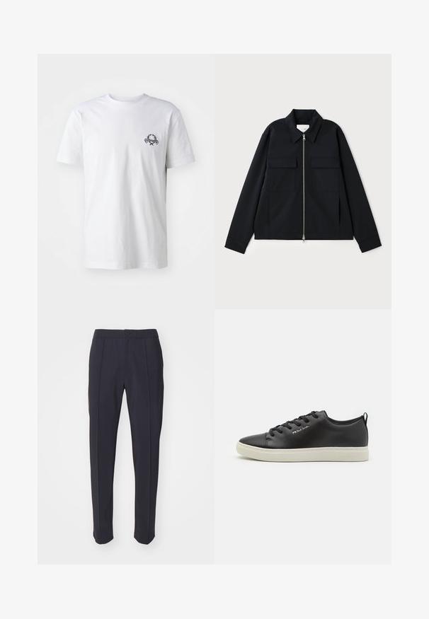 Veste noire avec col, fermeture éclair à l'avant et deux poches poitrine. Fabriquée en tissu lisse avec une coupe structurée.; T-shirt en coton blanc avec un petit motif brodé noir sur la poitrine ; manches courtes et style col rond classique.; Pantalons navy avec une coupe ajustée, devant plat et deux plis sur le devant. Fabriqués en tissu lisse avec une taille standard et une fermeture à bouton.; Baskets en cuir noir à bout rond, avec une semelle en caoutchouc blanche contrastante, une fermeture à lacets à six œillets et un branding subtil sur le côté.