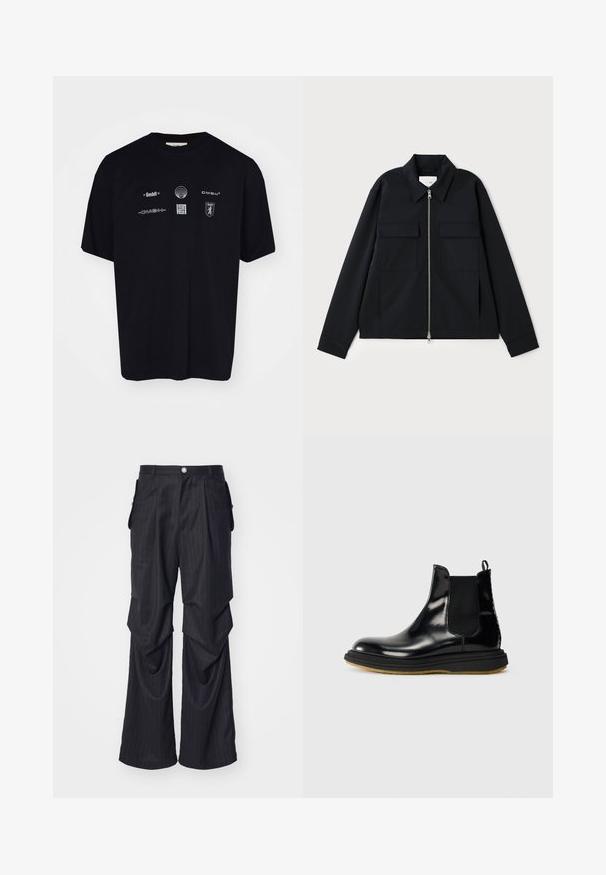 Black jacket featuring a collared neckline, front zipper closure, and two chest pockets. Made from a smooth fabric with a structured fit.; Black cotton t-shirt featuring various white logos and symbols on the front, with a classic round crew neck and short sleeves.; Black pinstripe trousers with a wide leg design, featuring pleats, side pockets, and a front button closure. Smooth texture.; Black leather Chelsea boot with a shiny finish, elastic side panels, pull tab, and a textured rubber sole.