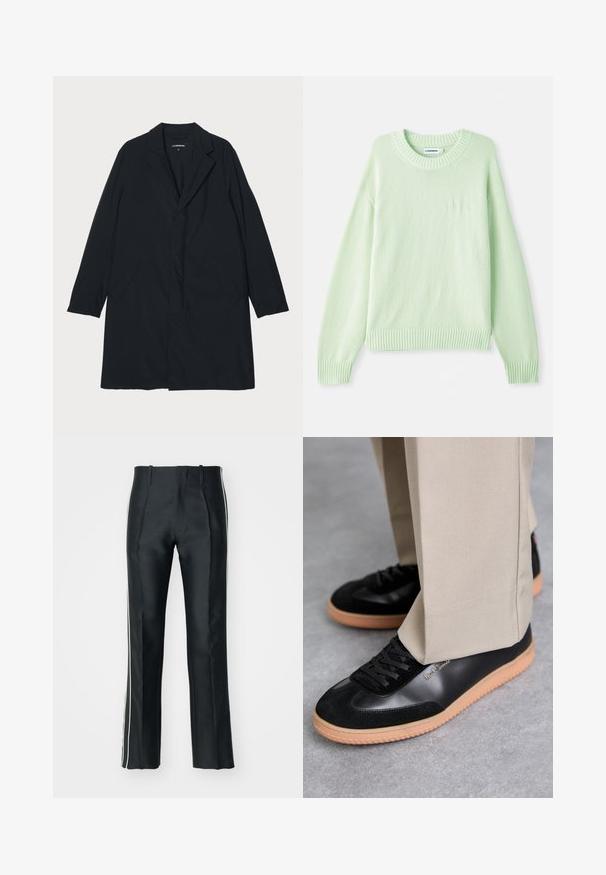 Sort lang frakke med klapkrave, lavet af letvægtsmateriale, med sidelommer og en lige silhuet. Glat tekstur, minimalistisk design.; Lys grøn strikket sweater med rund halsudskæring, ribbede manchetter og kant. Har et subtilt logo-detail på venstre bryst.; Sorte satinbukser med en skræddersyet pasform, der har hvide sidelister. Designet med en udvidet benvidde og frontfolder for ekstra detalje.; Paul Smith COMO - Sneakers - black
