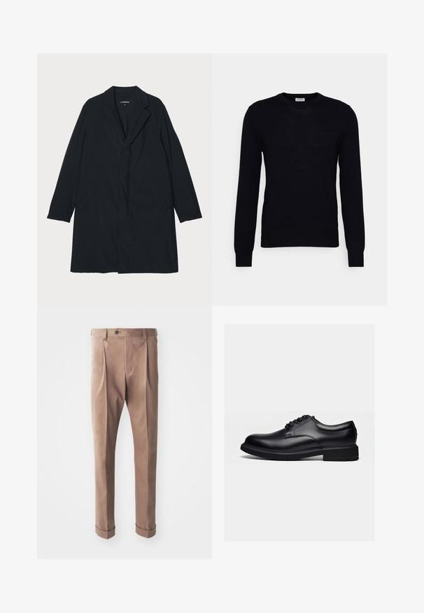 Sort lang frakke med klapkrave, lavet af letvægtsmateriale, med sidelommer og en lige silhuet. Glat tekstur, minimalistisk design.; Sort langærmet sweater lavet af blødt strikket materiale. Rund halsudskæring, ribbede manchetter og kant. Minimalistisk design uden synlige mønstre eller knapper.; Khaki bukser lavet af struktureret stof, med høj talje, lynlås, og optrukne manchetter, samt en enkelt knaplukning i taljen.; Sort poleret lædersko med snøredesign og tyk gummisål, vist fra siden på en ensartet lys baggrund.