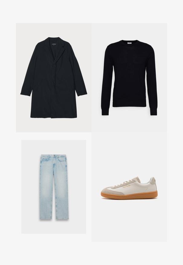 Zwarte lange jas met een geknipte kraag, gemaakt van lichtgewicht materiaal, voorzien van zijzakken en een rechte silhouet. Glad textuur, minimalistisch ontwerp.; Zwarte lange mouwen trui gemaakt van zacht gebreid materiaal. Ronde halslijn, geribbelde manchetten en zoom. Minimalistisch ontwerp zonder zichtbare patronen of knopen.; Lichtblauwe denim jeans met een recht model, vijf zakken en een vervaagde afwerking. Metaalbeslag en gestikte details zijn zichtbaar.; Witte en beige lage sneakers met een gumrubberen zool, witte veters, suède details en een gouden "Paul Smith" logo aan de zijkant.