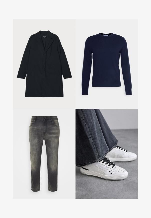 Manteau long noir avec un col cranté, en matériau léger, comportant des poches latérales et une silhouette droite. Texture lisse, design minimaliste.; Pull à col rond bleu marine en tissu doux, avec des manches longues et un ourlet côtelé. Pas de motifs ni d'ornements visibles.; Jean gris foncé avec une finition délavée, coupe droite, cinq poches et fermeture à boutons à l'avant. Tissu en denim de coton, texture douce.; Baskets blanches avec des lacets noirs et des détails en maille. Dotées d'une tige en cuir lisse et d'une semelle en caoutchouc texturée. Associées à un jean gris à jambes larges.