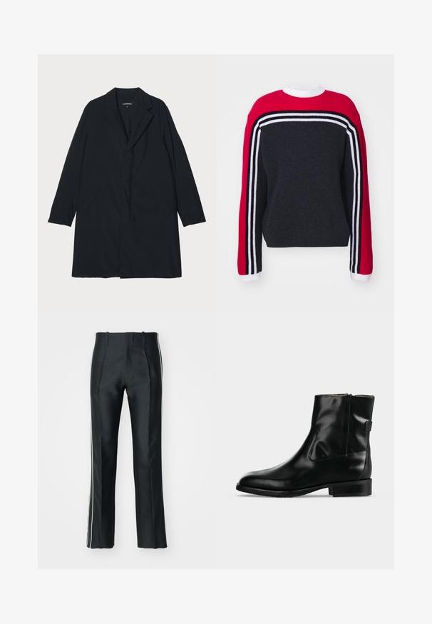 Schwarzer langer Mantel mit Reverskragen, aus leichtem Material gefertigt, mit Seitentaschen und geradem Schnitt. Glatte Textur, minimalistisches Design.; Sweatshirt mit rohem Oberteil. Dunkelgrauer Körper und rote Ärmel mit schwarz-weißen Streifen. Stricktextur.; Schwarze Satin-Hosen mit tailliertem Schnitt, ausgestattet mit weißen Seitenstreifen. Design mit weitem Bein und Vorderfalten für zusätzlichen Detail.; Schwarzer Leder-Stiefelette mit niedrigem Absatz und seitlichem Reißverschluss, dargestellt vor einem schlichten hellgrauen Hintergrund.