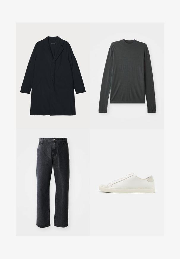 Zwarte lange jas met een geknipte kraag, gemaakt van lichtgewicht materiaal, voorzien van zijzakken en een rechte silhouet. Glad textuur, minimalistisch ontwerp.; Donkergrijze lange mouwen brei trui met een hoge, ribbelachtige hals. Zachte textuur, ontspannen pasvorm en geen zichtbare patronen of hardwaredetails.; Zwarte denim jeans met een rechte pijp, voorzien van een knoopsluiting, vijf zakken en een subtiele textuur. Klassiek ontwerp zonder opvallende patronen.; Witte leren sneaker met een gladde oppervlakte, ronde neus en minimalistisch ontwerp. Heeft beige accenten op de hiel en een rubberen zool.