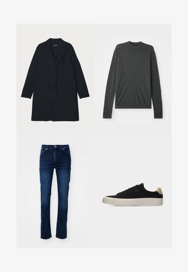 Sort lang frakke med klapkrave, lavet af letvægtsmateriale, med sidelommer og en lige silhuet. Glat tekstur, minimalistisk design.; Mørkegrå langærmet strikket sweater med høj, ribbet krave. Blød tekstur, afslappet pasform og ingen synlige mønstre eller hardwaredetaljer.; Mørkeblå denim jeans med lige ben, der har et klassisk fem-lomme design og diskrete stikninger.; Sort lavsko med beige hælkappe, tyk hvid gummisål, sorte snørebånd og lille "PS Paul Smith" mærke på siden.