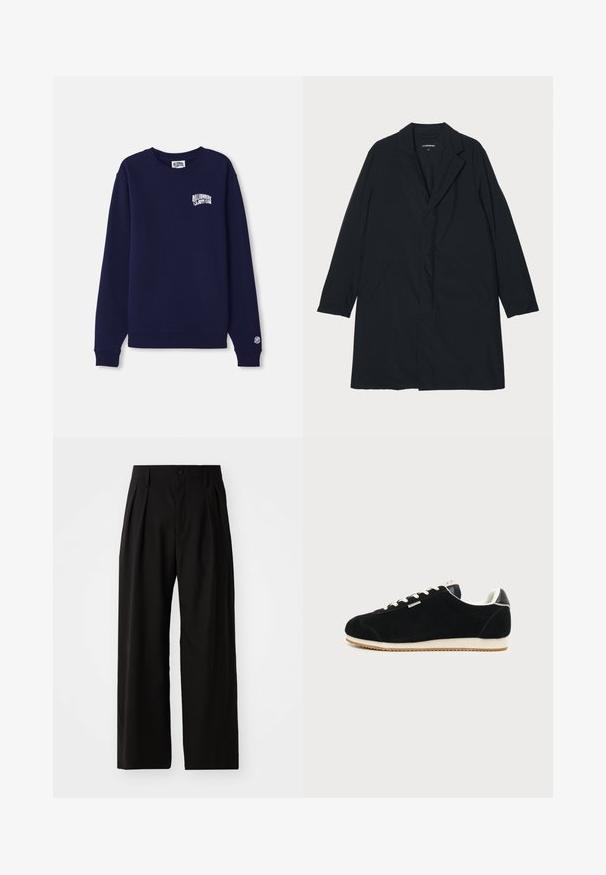 Manteau long noir avec un col cranté, en matériau léger, comportant des poches latérales et une silhouette droite. Texture lisse, design minimaliste.; Sweatshirt bleu marine à col rond en coton avec un petit logo blanc sur la poitrine et un écusson logo sur le poignet. Coupe classique, ourlet côtelé.; Pantalons larges noirs avec une texture lisse, dotés de deux plis avant, d'une fermeture à bouton et de poches latérales. Tissu durable.; Baskets en daim noir avec semelle et lacets blancs, design bas et petite étiquette logo latérale sur fond gris clair uni.