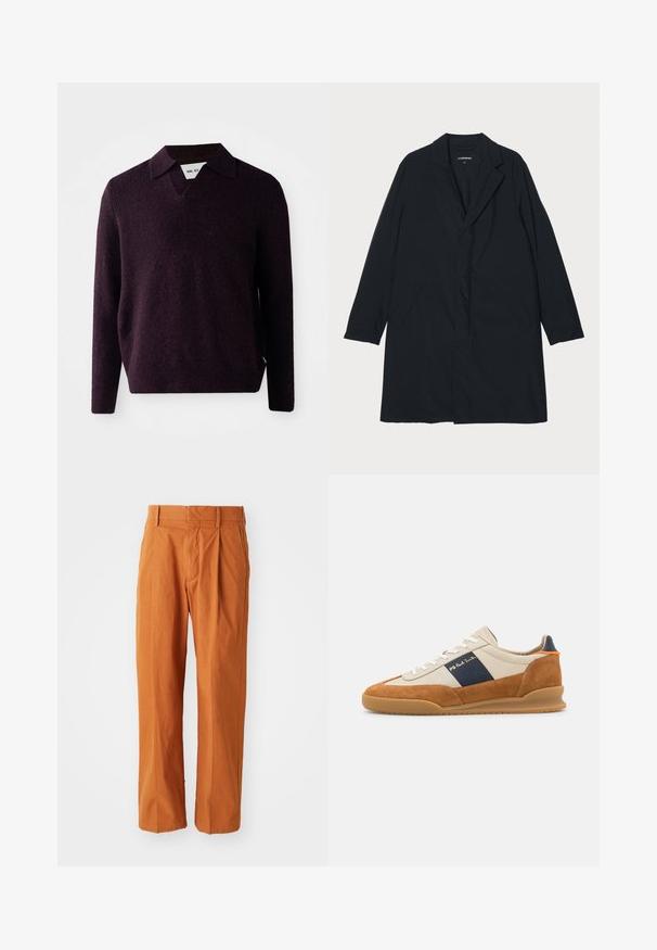 Zwarte lange jas met een geknipte kraag, gemaakt van lichtgewicht materiaal, voorzien van zijzakken en een rechte silhouet. Glad textuur, minimalistisch ontwerp.; Gebreide trui in donkerpaars met een V-hals, lange mouwen, en een gestructureerde afwerking. Voorzien van een klassieke kraag en zijlabel.; Oranje katoenen broek met een rechte pasvorm, voorzien van voorplooien, riemlussen en een gladde textuur. Klassiek ontwerp zonder patronen.; PS Paul Smith DOVER - Sneakers laag - cognac/off-white