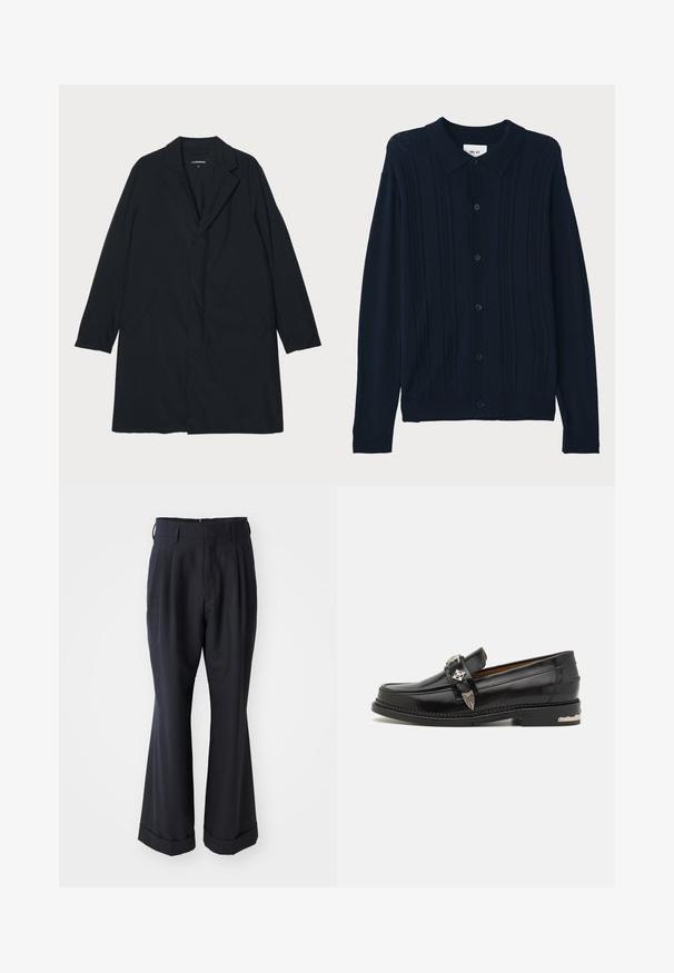 Sort lang frakke med klapkrave, lavet af letvægtsmateriale, med sidelommer og en lige silhuet. Glat tekstur, minimalistisk design.; NN.07 THOR - Skjorter - dark blue; Sorte skræddersyede bukser med en afslappet pasform, plisseret forside og vide ben. Har en opsmøg i bunden og en glat stofstruktur.; Sort læderloafer med sølv dekorativt hardware, en mokkasinstil overdel, detaljeret syning og en stakheel.
