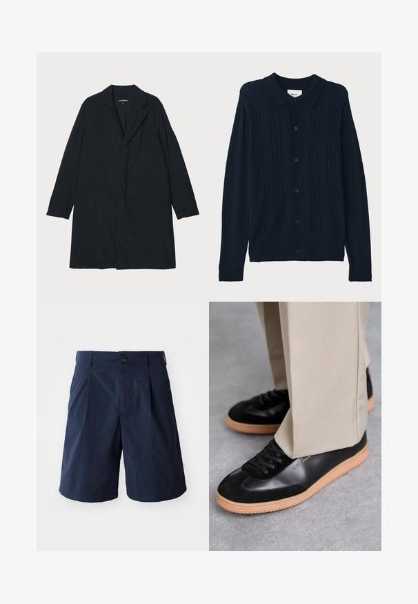 Sort lang frakke med klapkrave, lavet af letvægtsmateriale, med sidelommer og en lige silhuet. Glat tekstur, minimalistisk design.; NN.07 THOR - Skjorter - dark blue; Mørkeblå shorts lavet af letvægtsstof, med knappelukning, sidelommer og et enkelt design med plissee foran.; Paul Smith COMO - Sneakers - black