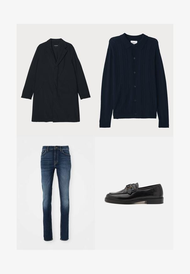 Zwarte lange jas met een geknipte kraag, gemaakt van lichtgewicht materiaal, voorzien van zijzakken en een rechte silhouet. Glad textuur, minimalistisch ontwerp.; NN.07 THOR - Overhemd - dark blue; Donkerblauwe denim jeans met een slim fit, voorzien van vijf zakken, gouden stiksels en een licht vervaagde voorkant voor een casual uitstraling.; Zwarte leren instappers met een ronde neus en een decoratieve gesp. Platte, stevige hak en een gladde textuur overal.