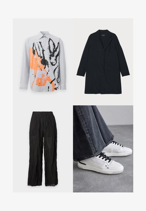 Zwarte lange jas met een geknipte kraag, gemaakt van lichtgewicht materiaal, voorzien van zijzakken en een rechte silhouet. Glad textuur, minimalistisch ontwerp.; Gestreepte overhemd met een abstract oranje en zwarte design met dieromtrekken en hedendaagse penseelstreekaccenten.; Zwarte linnen broek met wijde pijpen en een gestructureerde afwerking. Voorzien van een elastische tailleband en subtiele plooien.; Witte sneakers met zwarte veters en mesh-details. Beschikt over een gladde leren bovenkant en een gestructureerde rubberen zool. Gepaard met brede grijze jeans.