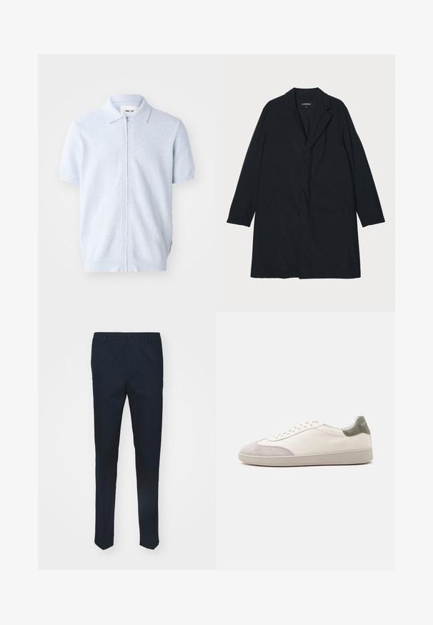 Sort lang frakke med klapkrave, lavet af letvægtsmateriale, med sidelommer og en lige silhuet. Glat tekstur, minimalistisk design.; Lysblå kortærmet polo skjorte, har en lynlås lukning og ribbet struktur, med et klassisk kravedesign og en lige kant.; Marinebukser lavet af vævet stof, med lige pasform, knaplukning og frontfolder for et elegant udseende.; Hvid lav sneaker med lysegrå ruskind på tå og hæl, hvide snørebånd og en flad beige sål, vist fra ydersiden.
