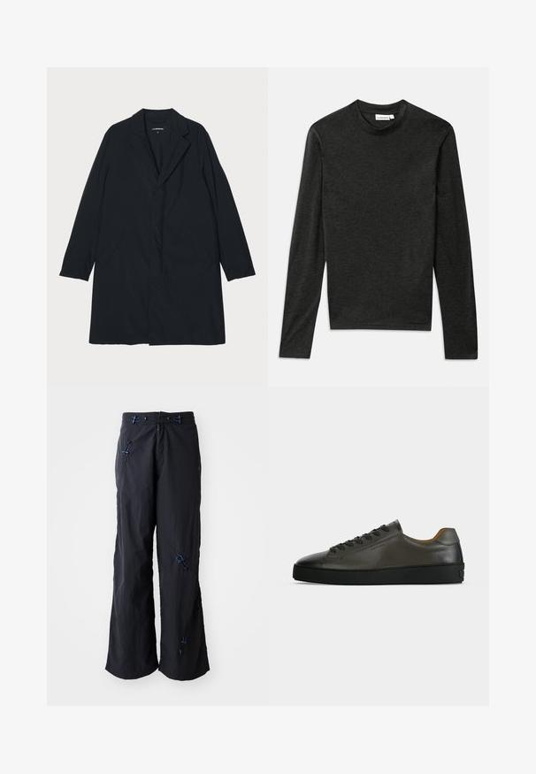 Sort lang frakke med klapkrave, lavet af letvægtsmateriale, med sidelommer og en lige silhuet. Glat tekstur, minimalistisk design.; Mørkegrå langærmet crew neck shirt med slim fit og J. Lindeberg label ved halsudskæringen, lagt fladt på en hvid baggrund.; Sorte, lette bukser med vidde og struktureret overflade. Har blå detaljer og justerbare toggles. Lynlåslukning.; Lavtskåret mørkegrå læder sneaker med sorte snørebånd og sål, minimalistisk design, sideprofil på en ensfarvet lys baggrund.