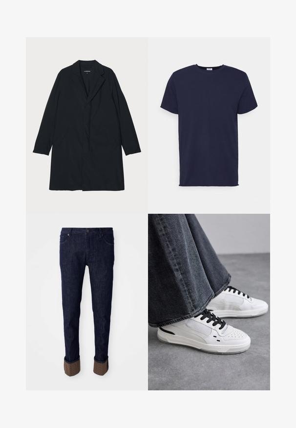 Zwarte lange jas met een geknipte kraag, gemaakt van lichtgewicht materiaal, voorzien van zijzakken en een rechte silhouet. Glad textuur, minimalistisch ontwerp.; Navyblauwe T-shirt met korte mouwen van zachte stof. Heeft een ronde hals en een rechte snit zonder patronen of accenten.; Donkerblauwe denim jeans met een rechte pasvorm, voorzien van opgerolde manchetten in een gestructureerd bruin materiaal met een logo-patroon. Standaard vijf-pocket ontwerp.; Witte sneakers met zwarte veters en mesh-details. Beschikt over een gladde leren bovenkant en een gestructureerde rubberen zool. Gepaard met brede grijze jeans.