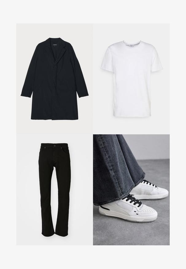 Sort lang frakke med klapkrave, lavet af letvægtsmateriale, med sidelommer og en lige silhuet. Glat tekstur, minimalistisk design.; Hvid kortærmet t-shirt lavet af bomuld. Har en rund halsudskæring og en afslappet pasform uden synlige mønstre eller detaljer.; Sorte denim jeans med lige ben, der har et klassisk taljebånd, for- og baglommer samt en glat tekstur. Ingen synlige mønstre eller detaljer.; Hvide sneakers med sorte snørebånd og mesh-detaljer. Har en glat læderoverdel og en tekstureret gummisål. Bæres sammen med brede grå jeans.