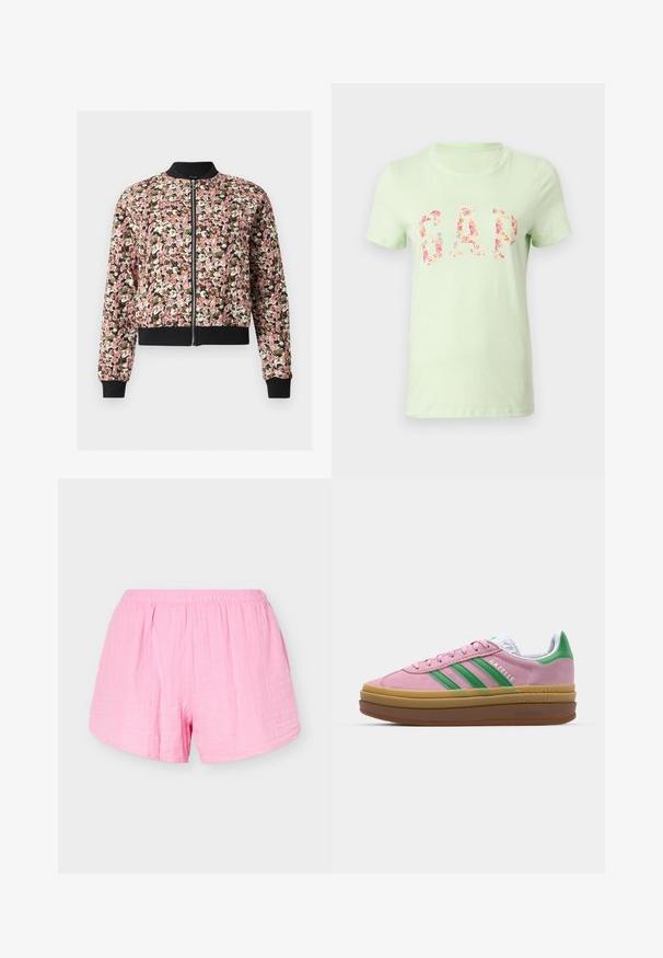 Bomberjakke med lynlås foran med mønster i pink, hvid og brun, sort ribkrave, -manchetter og -kant.; Lysegrøn kortærmet t-shirt med rund halsudskæring og "GAP" i store blomsterprikkede bogstaver foran.; Lyserøde bomuldsshorts med elastisk talje og løs pasform, vist på en ensfarvet lys baggrund.; Lyserøde ruskindsneakers med grønne striber, hvide accenter og en brun gummisål. Har tekstureret stof og logodetaljer på siden.