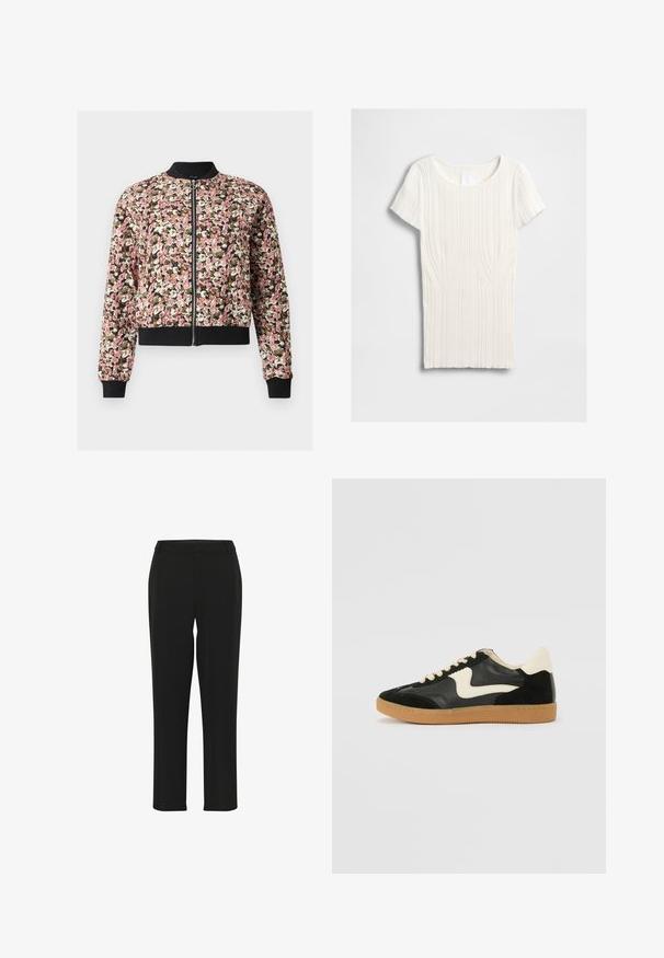 Veste bomber à fermeture éclair devant avec motif floral rose, blanc et marron, col, poignets et ourlet côtelés noirs.; Haut blanc texturé à manches courtes, présentant un motif côtelé vertical et un col arrondi. Design simple, tissu doux.; Pantalons noirs avec une coupe droite, présentant une texture lisse, une taille ajustée et sans ornements ni motifs visibles.; Baskets en daim et cuir noir avec un swoosh latéral crème et un talon crème clair. Dotées de lacets beige et d'une semelle en caoutchouc gomme.