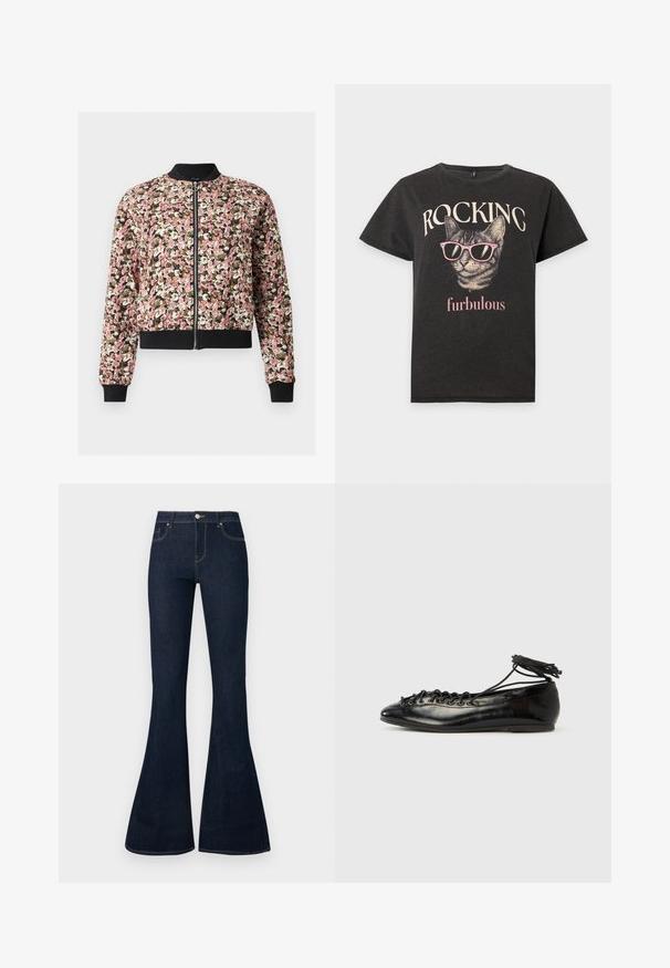 Veste bomber à fermeture éclair devant avec motif floral rose, blanc et marron, col, poignets et ourlet côtelés noirs.; T-shirt noir avec un chat portant des lunettes de soleil roses et les mots "ROCKING" au-dessus et "furbulous" en dessous du graphisme du chat.; Jean en denim bleu foncé taille haute avec jambes évasées, bouton et zip à l'avant, et conception à cinq poches.; Ballerines en cuir verni noir avec un bout rond, un design à lacets et une semelle plate. Texture lisse avec peu de détails.