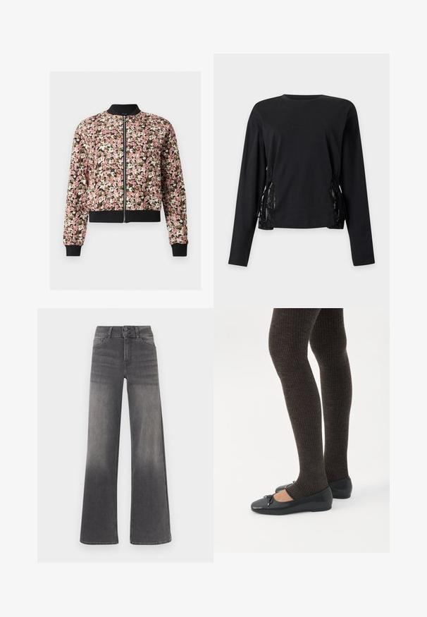 Veste bomber à fermeture éclair devant avec motif floral rose, blanc et marron, col, poignets et ourlet côtelés noirs.; Haut noir à manches longues avec encolure ronde et détails à lacets des deux côtés, avec inserts en dentelle.; Jean à jambes larges en denim gris avec une finition délavée, design classique à cinq poches, fermeture à bouton, et détails de surpiqûres contrastantes.; Jambes portant des leggings côtelés foncés associés à des ballerines noires avec de petits détails en nœud sur fond blanc.