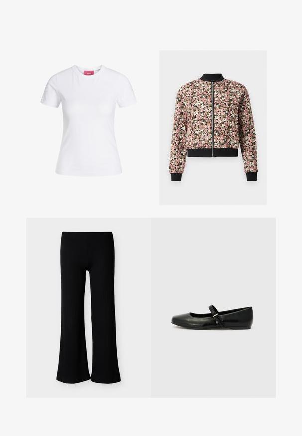 Bomberjack met ritssluiting aan de voorkant met roze, wit en bruin bloemenpatroon, zwarte ribgebreide kraag, manchetten en zoom.; Witte, nauwsluitende T-shirt met korte mouwen en ronde hals, met een roze JJXX-label aan de binnenkant van de kraag, afgebeeld tegen een effen achtergrond.; Zwarte geribbelde gebreide wijde broek met hoge taille en geen zichtbare sluitingen, getoond op een effen lichtgrijze achtergrond.; Zwarte leren balletschoenen met een ronde neus, een platte zool en een dunne verstelbare band over de wreef met een metalen gesp.