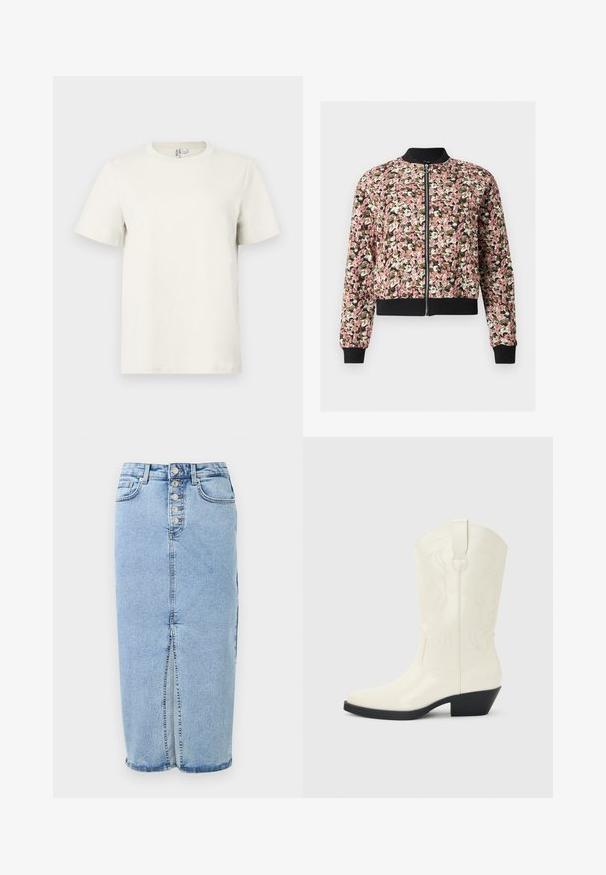 Chaqueta bomber con cremallera delante con estampado floral en rosa, blanco y marrón, cuello, puños y dobladillo de canalé negro.; Camiseta de algodón beige claro con cuello redondo, mangas cortas y corte regular. Textura suave y diseño minimalista sin patrones ni acentos.; Falda midi de mezclilla azul claro con cierre frontal de botones, abertura frontal, trabillas para cinturón y dos bolsillos delanteros.; Bota blanca de estilo occidental hasta la mitad de la pantorrilla, con punta puntiaguda, tacón apilado negro, costuras decorativas y tira para tirar en el eje.