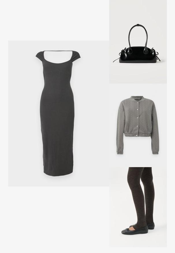 Veste grise courte avec un motif texturé, dotée d'un col rond, de manches longues et de fermetures à boutons-pression sur le devant.; Robe noire en tricot côtelé avec un décolleté carré et des manches courtes. La conception est cintrée et descend jusqu'aux chevilles.; Jambes portant des leggings côtelés foncés associés à des ballerines noires avec de petits détails en nœud sur fond blanc.; Petit sac à main noir brillant avec deux longues anses et des détails à cordon sur les côtés sur un fond clair uni.