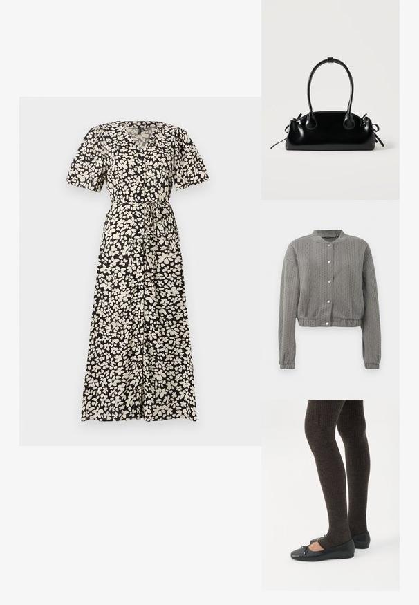 Chaqueta gris corta con un patrón texturizado, que presenta un cuello redondo, mangas largas y cierres de botón a presión en la parte delantera.; Vestido maxi en negro con un patrón floral blanco, que presenta mangas cortas abullonadas, escote en V y un cinturón atado a la cintura.; Piernas con leggings oscuros acanalados combinados con bailarinas negras que presentan pequeños detalles de lazo sobre un fondo blanco.; Pequeño bolso negro brillante con dos asas largas y detalles de cordón lateral sobre un fondo claro liso.