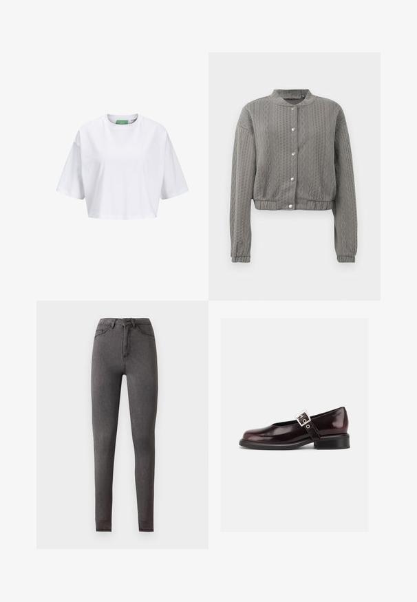 Graue, taillierte Jacke mit strukturiertem Muster, runder Kragen, langen Ärmeln und Druckknopfverschlüssen vorne.; Weißes, kurzärmliges Crop-Top aus Baumwolle mit Rundhalsausschnitt. Grünes Etikett innen mit sichtbar Markenname.; Hoch taillierte, schmal geschnittene dunkelgraue Jeans aus Denim mit Vorder- und Gesäßtaschen, Knopfverschluss und sichtbaren Nahtdetails.; Ein einzelner glänzender dunkelburgunder Mary Jane Schuh mit breitem Riemen und silberner Schnalle, niedrigem Blockabsatz und abgerundeter Spitze auf weißem Hintergrund.