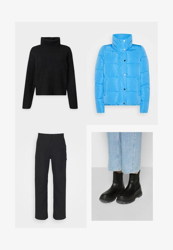 Chaqueta de plumas azul con cuello alto, cierre de botones a presión y dos bolsillos frontales. El material es suave y cuenta con detalles de paneles cosidos.; Jersey negro de punto acanalado con cuello alto, mangas largas y un ajuste ligeramente cropped sobre un fondo liso y claro.; Pantalones de algodón negros con corte recto, cierre de botón y pasadores para cinturón. Presenta un diseño clásico sin bolsillos visibles.; Botas de tobillo de cuero negro con paneles laterales elásticos, una superficie texturizada y suelas de goma gris rugosas. Combinadas con jeans cortos de color azul claro.