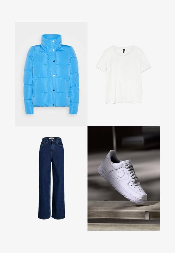 Blaues Daunenjacke mit hohem Kragen, Druckknopfverschluss und zwei vorderen Taschen. Das Material ist glatt mit genähten Paneelen.; Weißes T-Shirt mit kurzen Ärmeln und rundem Ausschnitt, hergestellt aus leichtem Stoff. Schlichtes Design, glatte Textur und gerader Saum.; Dunkelblaue, hoch taillierte Jeans mit weitem Bein, vorderen Taschen, Gürtelschlaufen, Knopfverschluss und sichtbaren Nahtdetails.; Weißer Nike Air Force 1 Sneaker schwebt über einer Betonoberfläche mit Schatten in einem minimalistischen Umfeld.