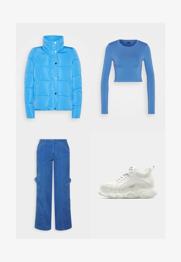 Blå puffjakke med høj krave, trykknaplukning og to forreste lommer. Materialet er glat med syning af paneldetaljer.; Gina Tricot LONGSLEEVE - Langærmet T-shirt - federal blue; BDG Urban Outfitters Cargobukser - bright blue; Hvide atletiske sneakers med en glat læderoverdel, rund sål og tekstureret accent. Har snørebånd og en slippe-strop bagpå.