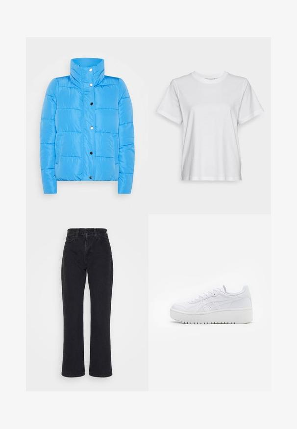Blauwe pufferjack met een hoge kraag, drukknoopsluiting en twee voorzakken. Het materiaal is glad met gestikte paneel-details.; Witte katoenen t-shirt met korte mouwen, ronde hals en een ontspannen pasvorm. Soepele textuur, zonder patroontjes of graphics, basisontwerp.; Zwarte high-waist jeans met rechte pijpen, voorzakken en riemlussen op een witte achtergrond.; Witte platform sneakers met een gladde leertextuur, geperforeerde details en platte veters; voorzien van een dikke witte rubberen zool.