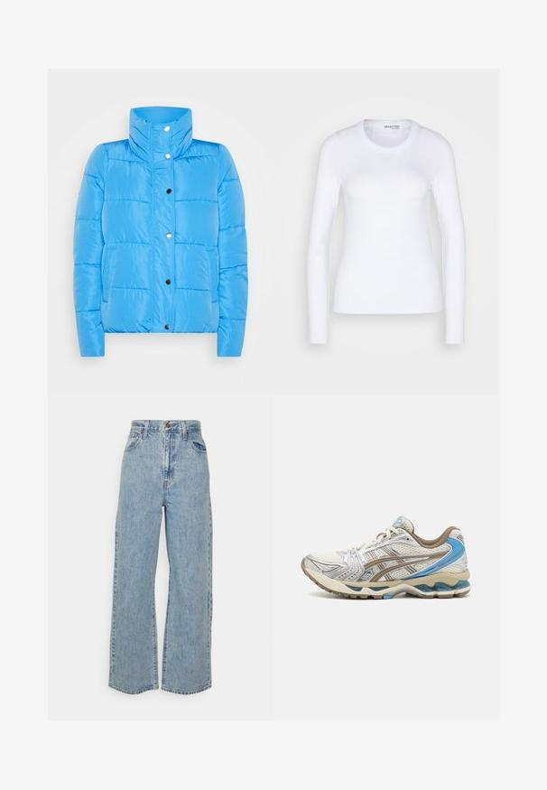 Blå puffjakke med høj krave, trykknaplukning og to forreste lommer. Materialet er glat med syning af paneldetaljer.; Selected SLFDIANNA O NECK - Langærmet T-shirt - bright white; Lyseblå vidde denimjeans med høj talje, frontknap, lynlås og femlomme-design på ensfarvet baggrund.; Hvid og beige løbesko med blå accenter, netoverdel, polstret sål og snørelukning, vist fra ydersiden.