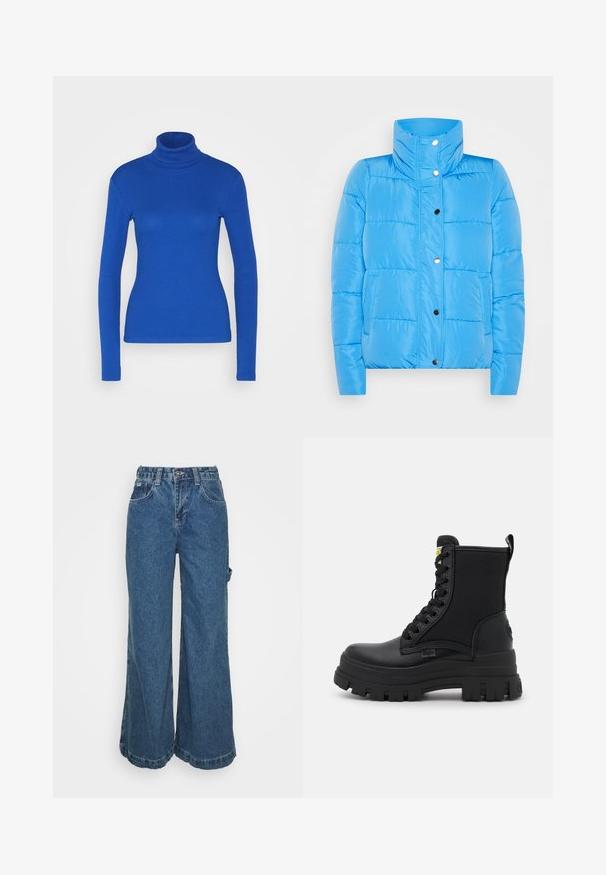 Chaqueta de plumas azul con cuello alto, cierre de botones a presión y dos bolsillos frontales. El material es suave y cuenta con detalles de paneles cosidos.; Top de cuello alto de manga larga azul fabricado en material acanalado, con una silueta ajustada y textura suave. No se presentan detalles adicionales.; Jeans de denim de pierna ancha en azul medio, con cintura alta, bolsillos frontales y un dobladillo sin rematar en los tobillos para un ajuste casual y relajado.; Botas altas negras que combinan cuero y tela, suela de goma gruesa, cierre de cordones en la parte frontal y una etiqueta amarilla en el collar.