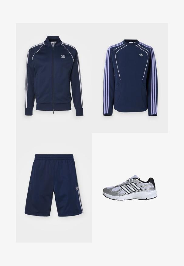 adidas Originals Bombera - night indigo; Tmavomodrá dlhá mikina Adidas s levanduľovými tromi pruhmi na rukávoch, bielym lemovaním vpredu a logom Adidas trefoil na hrudi.; Námornícke športové šortky vyrobené z ľahkej tkaniny, s elastickým pásom a tromi bielymi pruhmi na stranách. Zobrazené logo Adidas.; Mriežkovaná športová obuv v bielej a striebornej farbe, s čiernymi detailmi, logom troch bielych pruhov, polstrovaným golierom a textúrovanou gumovou podrážkou.