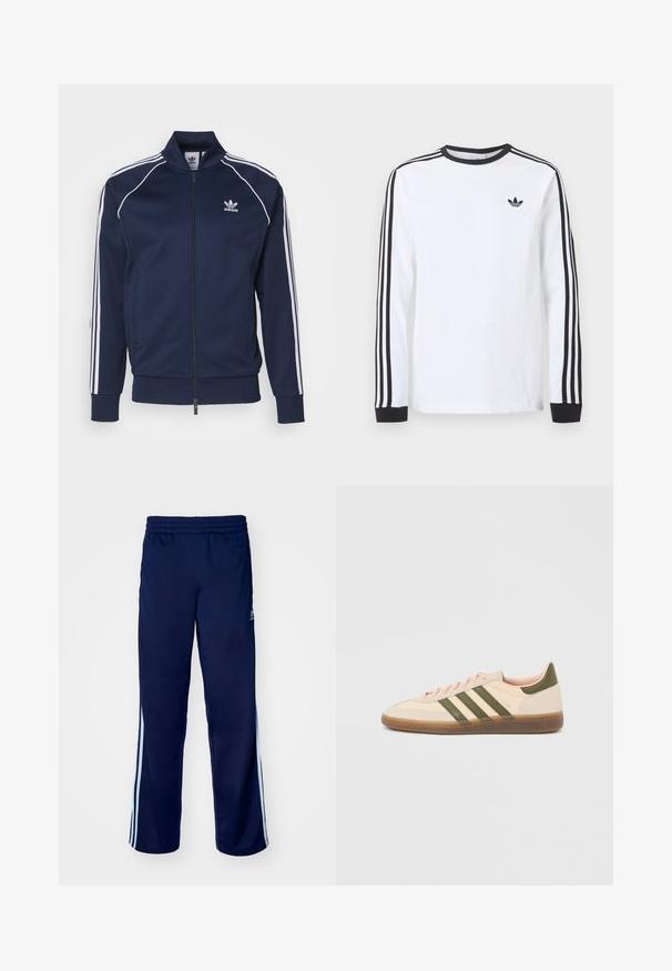 adidas Originals Bombera - night indigo; Biele tričko Adidas s dlhým rukávom, čiernym okrúhlym výstrihom, čiernymi manžetami, tromi čiernymi pruhmi na rukávoch a čiernym logom trefoil na hrudi.; Námornícke športové nohavice s elastickým pásom, svetlomodrými bočnými pruhmi a hladkým povrchom. Obsahujú detail loga na boku.; Nízky béžový tenisky Adidas Spezial so zelenými pruhmi, gumovou podrážkou a nápisom „SPEZIAL“ na boku, zobrazené z vonkajšej strany.