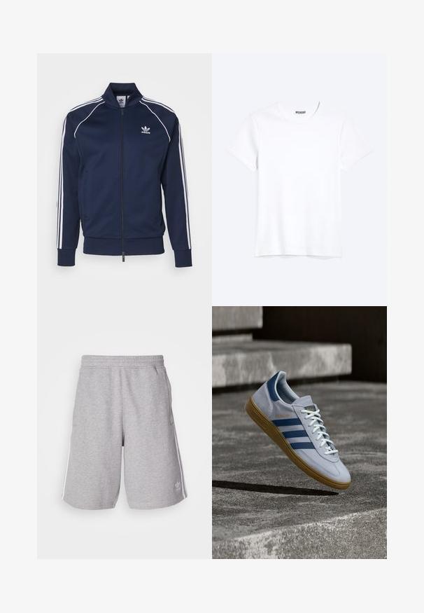 adidas Originals Bomberjakke - night indigo; Enkelt hvid T-shirt med korte ærmer og rund hals med synligt WEEKDAY-mærke i kraven, vist på en lys baggrund.; Grå sportshorts lavet af en blanding af bomuldsstof. Har sidelommer, elastisk talje og hvide sidestriber. Klassisk design.; Lyseblå Adidas Spezial sneakers med marineblå striber og gummisål, vist i luften over betontrapper i et neutralt udendørsmiljø.