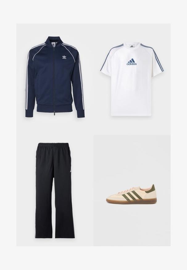 adidas Originals Bombera - night indigo; Biele tričko Adidas s modrými akcentmi, krátkymi rukávmi a okrúhlym výstrihom. Na prednej strane je modré logo Adidas a na ramenách tri pruhy.; Čierne športové nohavice vyrobené z elastického materiálu, so všitou elastickou páskou a bočnými akcentmi. Rovno strihaný dizajn s jemným detailom loga.; Nízky béžový tenisky Adidas Spezial so zelenými pruhmi, gumovou podrážkou a nápisom „SPEZIAL“ na boku, zobrazené z vonkajšej strany.