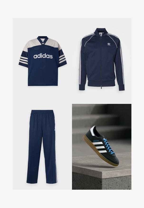 adidas Originals Bomberjakke - night indigo; Marineblå og lysegrå Adidas sportstrøje med korte ærmer, hvid Adidas-logo centreret foran og tre hvide striber på ærmerne.; Marineblå træningsbukser med en tekstureret finish, elastisk taljebånd og hvide sidelommer. Har en lige pasform og ingen lommer.; Sort Adidas sneaker med hvide striber, blå snørebånd og gummisål, der svæver over gråt betontrin i blødt lys.