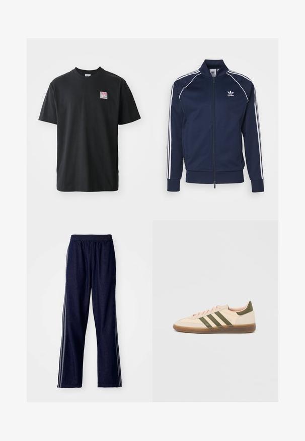 adidas Originals Bombera - night indigo; Čierne bavlnené tričko s krátkymi rukávmi a okrúhlym výstrihom, s malou farebnou nálepkou na ľavej hrudi s nápisom "SUPERIOR."; Námornícke modré športové nohavice s elastickým pásom, s tromi bielymi bočnými pruhmi a rovným strihom. Mäkká denimová textúra.; Nízky béžový tenisky Adidas Spezial so zelenými pruhmi, gumovou podrážkou a nápisom „SPEZIAL“ na boku, zobrazené z vonkajšej strany.
