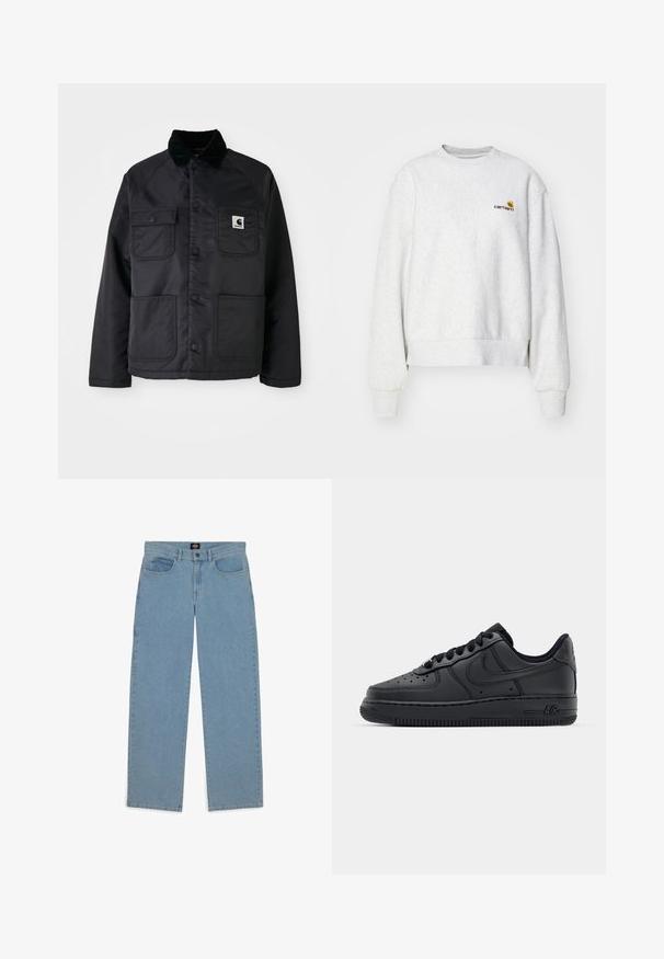 Chaqueta negra acolchada con cuello de pana, que cuenta con dos bolsillos frontales, botones a presión y un parche de logo blanco en el lado izquierdo del pecho.; Sudadera gris de cuello redondo en una tela suave con puños y dobladillo de punto; presenta un logo bordado en el pecho en amarillo y burdeos.; Vaqueros azul claro, corte holgado, tejido de denim, diseño de cinco bolsillos, cierre de botón, perneras rectas, costuras visibles, sin patrones ni acentos.; Zapatillas de cuero negro con caja de dedos perforada, cordones planos y suela de goma. Presenta un pequeño logo en el costado y un detalle texturizado.