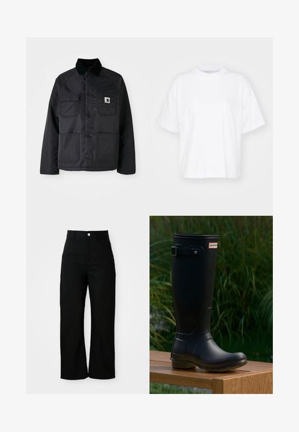 Veste noire matelassée avec un col en velours côtelé, dotée de deux poches avant, de pressions et d'un écusson blanc sur la poitrine gauche.; T-shirt en coton blanc avec un col rond, des manches courtes et une coupe décontractée. Présente un logo discret sur la zone gauche de la poitrine. Texture lisse.; Pantalons noirs taille haute, coupe droite avec poches avant, passants de ceinture et fermeture à bouton argenté sur un fond blanc.; Botte en caoutchouc noire avec un bout rond et une semelle texturée. Elle présente un détail de boucle et une étiquette de marque sur le dessus. Surface lisse et design haut.