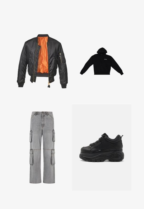 Schwarze Bomberjacke mit glänzender Oberfläche, orangefarbenem Innenfutter, gerippten Bündchen und einer Reißverschlusstasche am linken Ärmel. Goldene Reißverschlussakzente.; Schwarzer Kapuzenpullover aus weichem Stoff, mit einer Kängurutasche und einem weißen "DROPSIZE"-Logo auf der Brust. Mit Bündchen an den Ärmeln und dem Saum.; Graue Cargo-Hosen aus Denim; verfügen über mehrere Seitentaschen, einen lockeren Schnitt und kontrastierende Nähte entlang der Säume.; Schwarze Leder-Chucksneaker mit dicker Gummisohle, schlankem Design und strukturierten Akzenten. Verfügt über Schnürsenkel und eine Zuglasche an der Ferse.