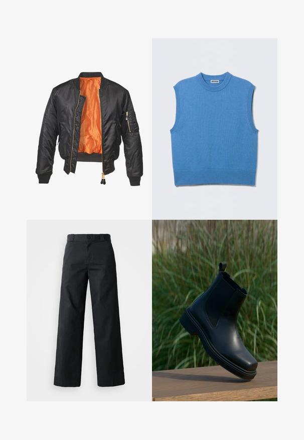 Chaqueta bomber negra con un exterior brillante, forro naranja, puños de canalé y un bolsillo con cremallera en la manga izquierda. Acentos de cremallera dorada.; Chaleco sin mangas de punto azul con cuello redondo y bordes acanalados, extendido sobre un fondo gris claro.; Pantalones de pierna ancha negros hechos de algodón. Cuenta con cierre de botón, lazos para cinturón y bolsillos laterales. Textura suave con un corte ajustado.; Botín Chelsea de piel negra con lados elásticos, punta redondeada, tacón bajo y una lengüeta en la parte posterior, sobre un fondo verde difuminado.