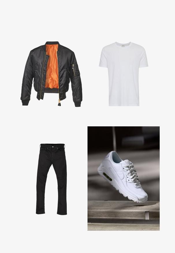 Sort bomberjakke med en blank overflade, orange foring, ribbede manchetter og en lynlåslomme på venstre ærme. Gyldne lynlåsdetaljer.; Plain hvid kortærmet t-shirt med rund hals, vist på en hvid baggrund, med et lille nakke-label, der viser mærket “Solid”.; Sorte denim jeans med lige ben-design, fem-lomme stil og metalknaplukning. Glat tekstur og ensartet farve hele vejen igennem.; Hvide lædersneakers med teksturerede overflader, polstret krave og synlig luftpolstring i sålen. Har snørrebånd og et minimalistisk design.