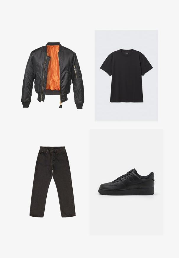Sort bomberjakke med en blank overflade, orange foring, ribbede manchetter og en lynlåslomme på venstre ærme. Gyldne lynlåsdetaljer.; Sort kortærmet t-shirt lavet af bomuld. Har en rund halsudskæring og en afslappet pasform. Enkel design uden synlige mønstre eller accenter.; Mørkegrå denim jeans med en løs pasform, der har et fem-lomme design, synlige syninger og en knaplukning i taljen.; Nike Sportswear AIR FORCE 1 07 FLYEASE - Sneakers - black