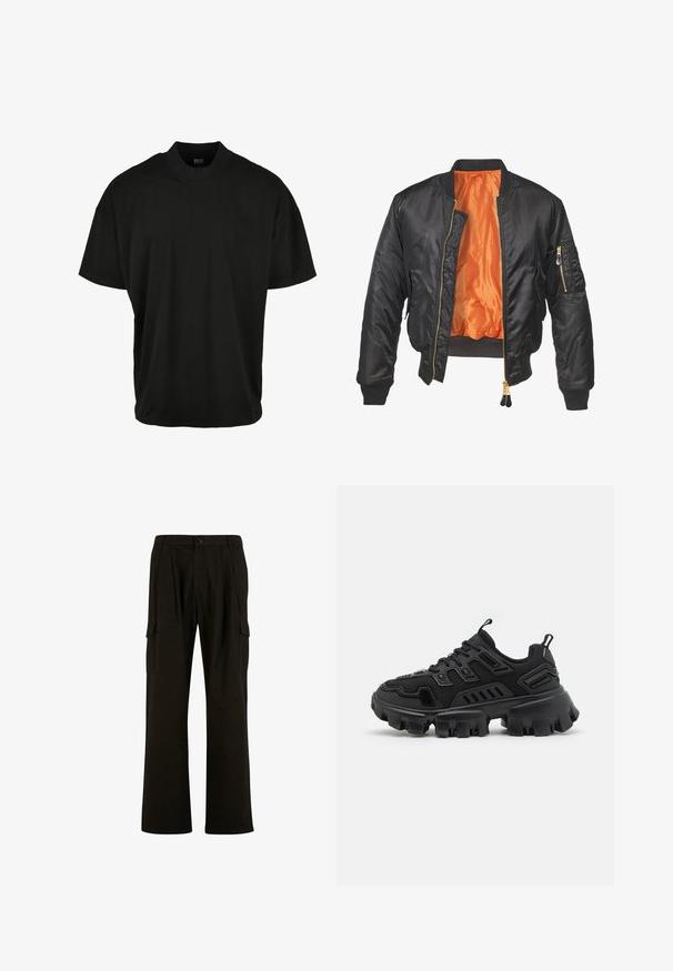 Schwarze Bomberjacke mit glänzender Oberfläche, orangefarbenem Innenfutter, gerippten Bündchen und einer Reißverschlusstasche am linken Ärmel. Goldene Reißverschlussakzente.; Schwarzes T-Shirt mit kurzen Ärmeln und Rundhalsausschnitt, aus weichem Stoff, mit lockerer Passform und ohne sichtbare Muster oder Akzente.; Urban Classics WIDE - Cargohose - black; Schwarzer Sportschuh mit strukturiertem Gummisohle, gestuften Designelementen und verstärkten Akzenten. Verfügt über Schnürsenkel und eine Schlaufe an der Ferse.