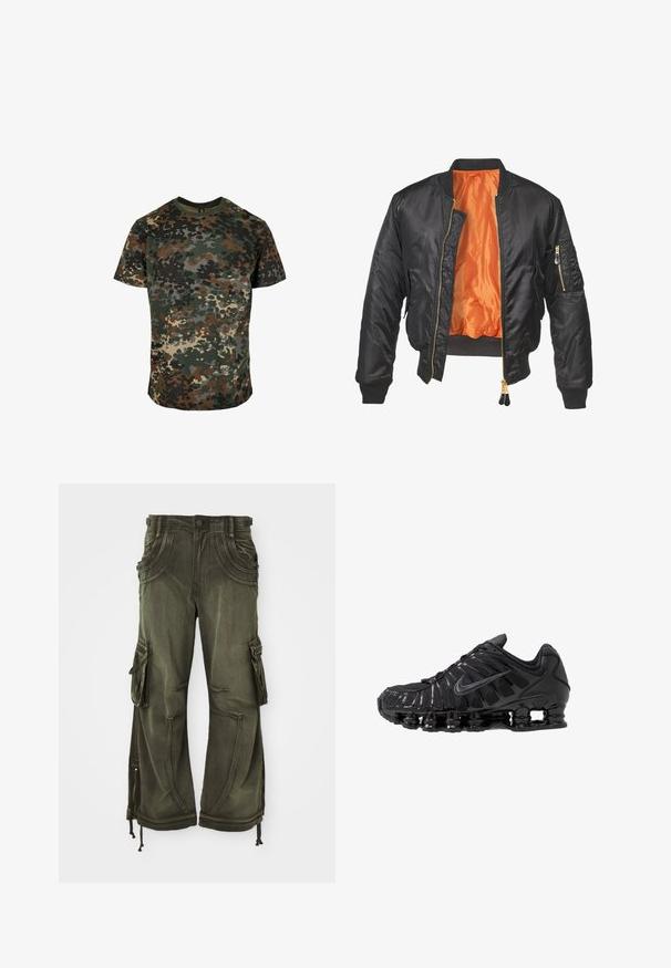 Chaqueta bomber negra con un exterior brillante, forro naranja, puños de canalé y un bolsillo con cremallera en la manga izquierda. Acentos de cremallera dorada.; Camiseta de camuflaje hecha de algodón, con un estampado multicolor en verde, marrón y negro. Cuello redondo y mangas cortas.; Pantalones cargo verde oliva de algodón con un corte holgado, que cuentan con bolsillos laterales, cremalleras en los tobillos y cordones en el dobladillo.; Zapatillas deportivas negras fabricadas con malla y materiales sintéticos, con un diseño ondulado distintivo, suela de goma negra y detalles reflectantes.